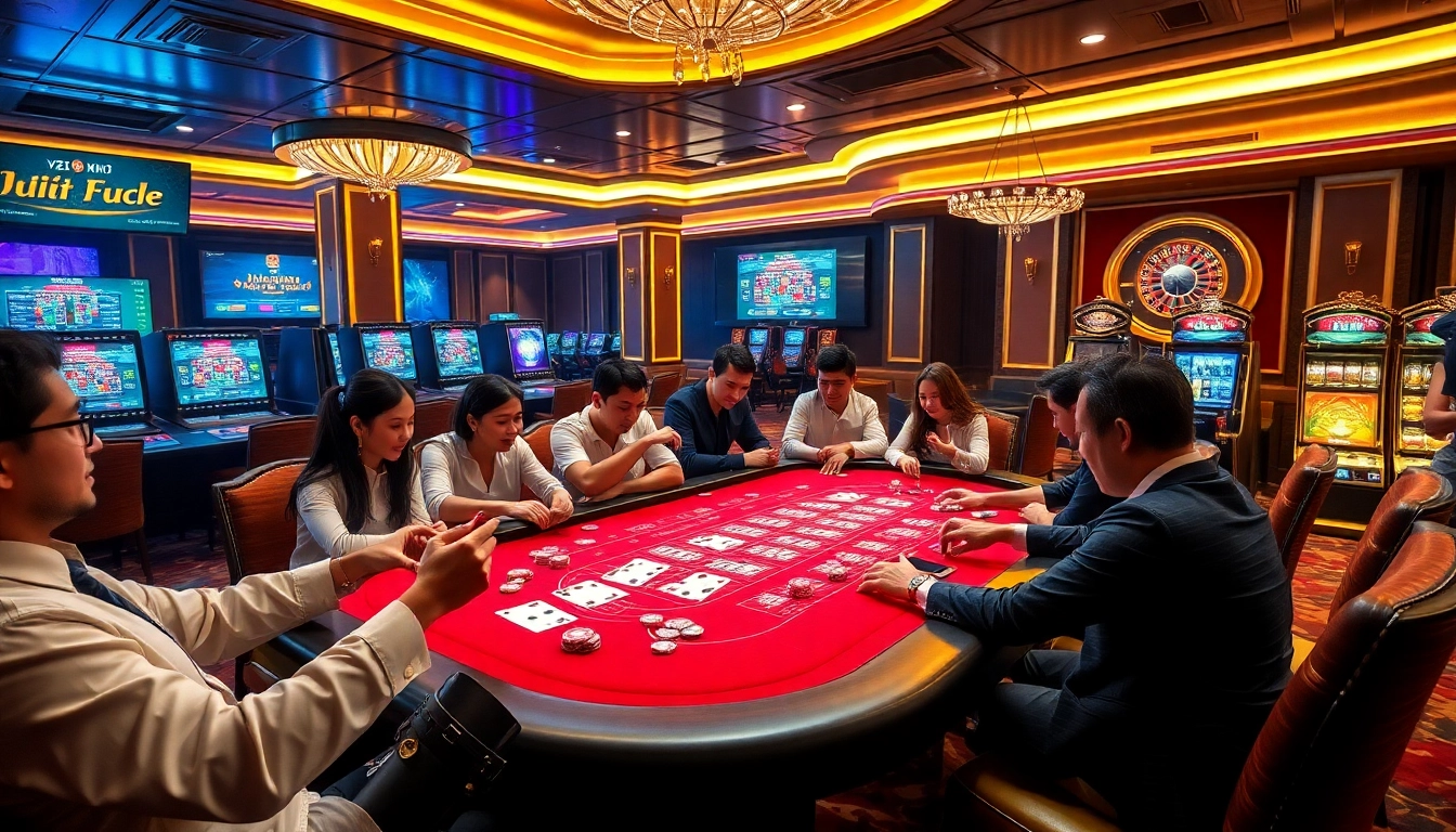 Players at a luxury casino table celebrating wins with Liên minh KJC poker chips and vibrant decor.