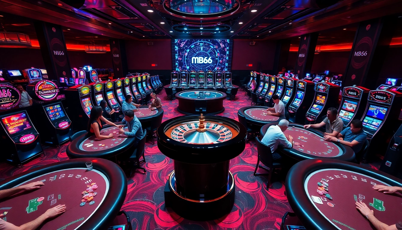 Players enjoying thrilling games at MB66 casino tables filled with excitement and colorful chips.