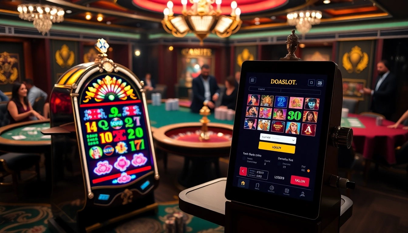 Engage with doaslot login at a vibrant casino featuring slot machines and poker tables.
