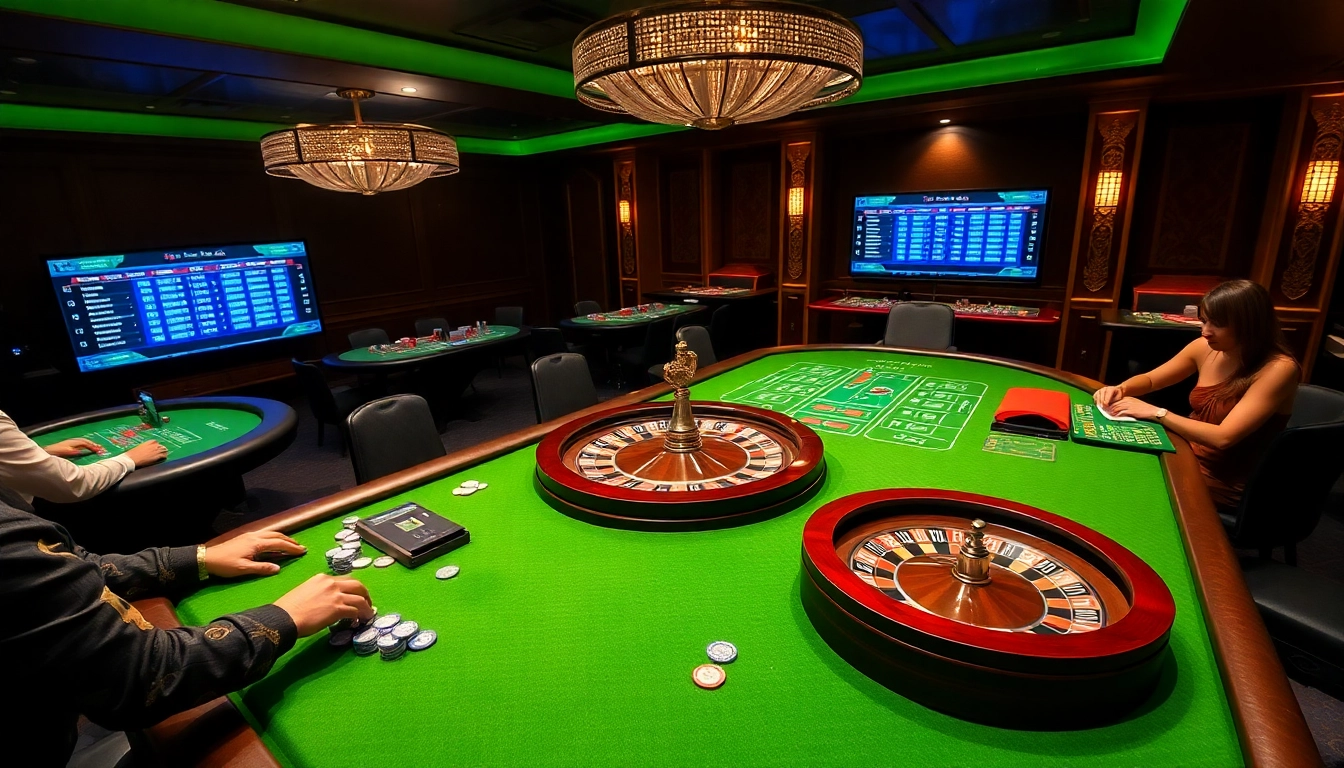 Online gamblers enjoying ingatbola while playing blackjack and poker at a luxury casino table.