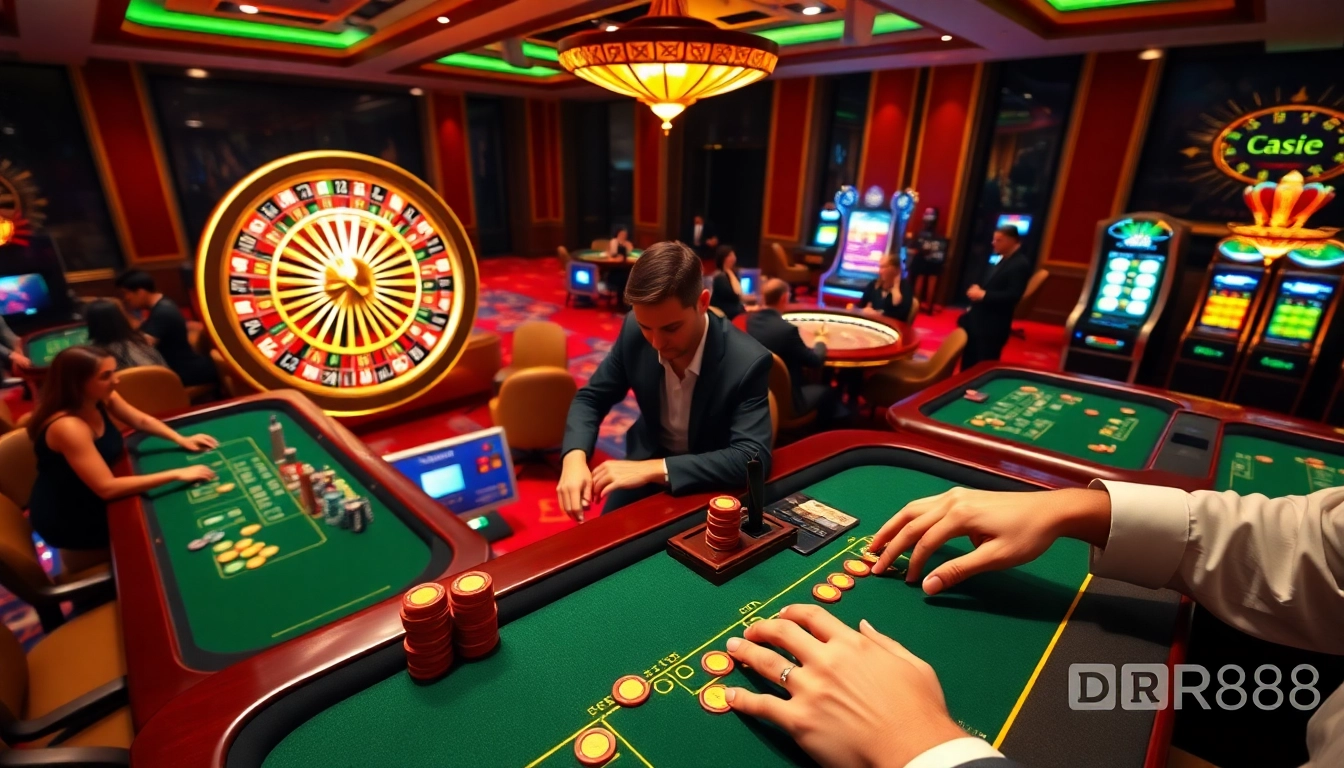 Experience high-stakes gaming action at DR88 with dynamic poker tables and vibrant slot machines.