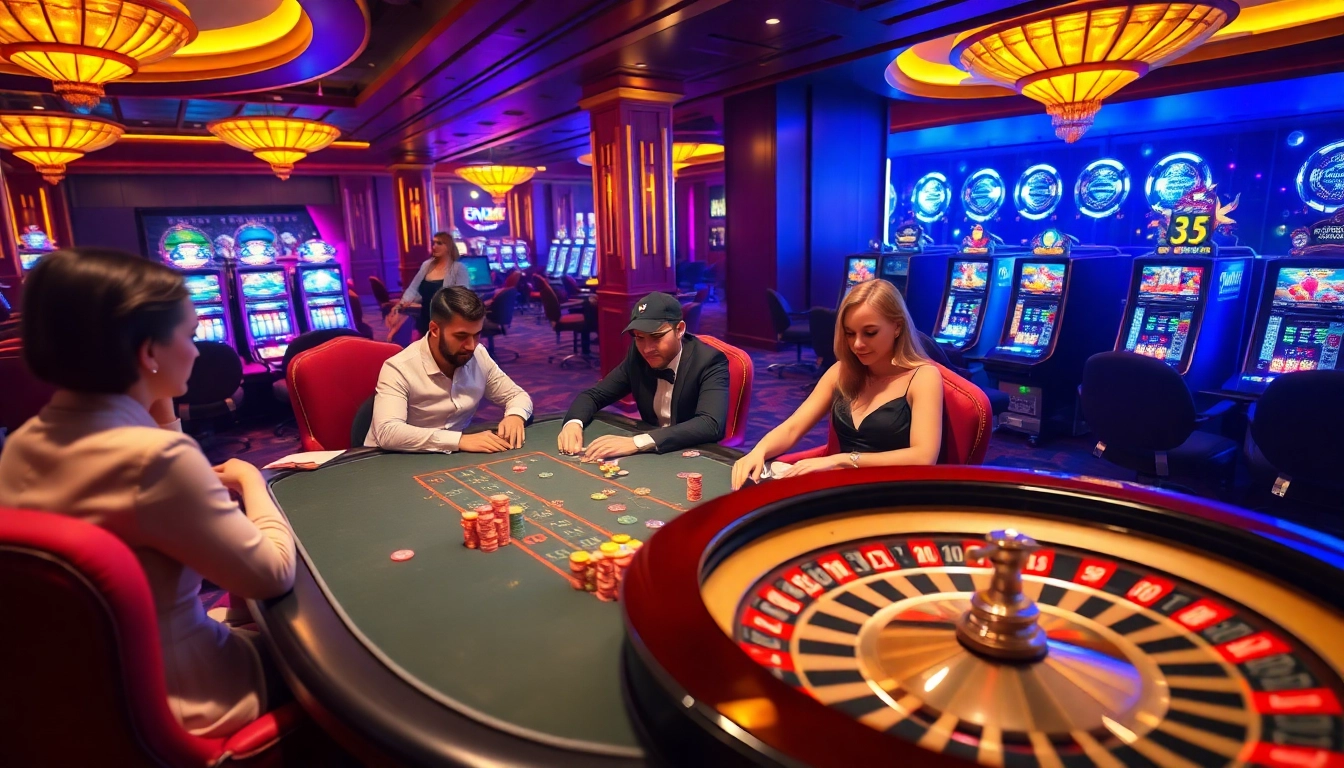 Experience the excitement of F8Bet with vibrant poker and roulette action in a luxurious casino setting.