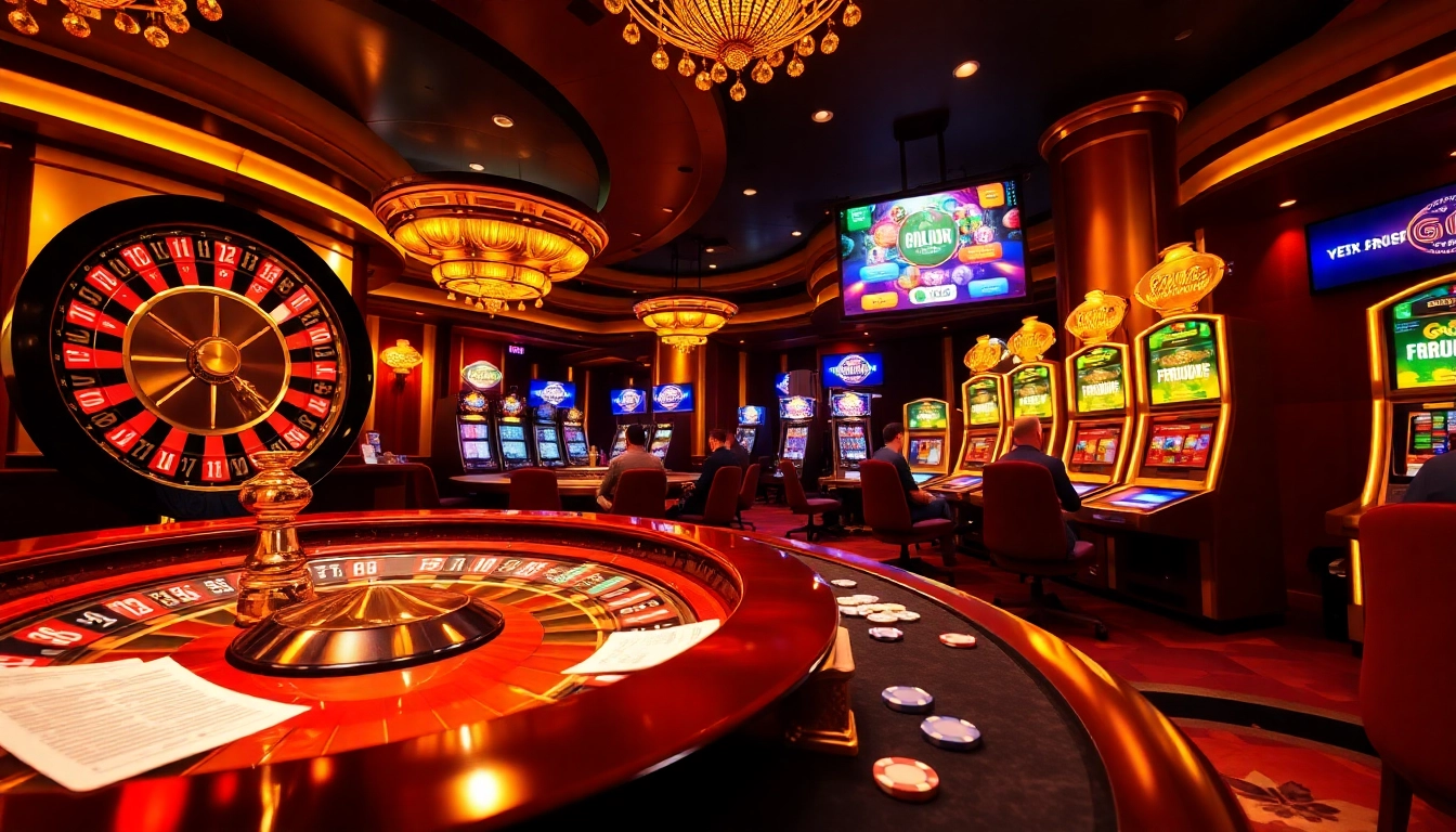 Engaging gaming at https://go8.bz/ with roulette, poker, and slot machines in a luxurious casino setting.