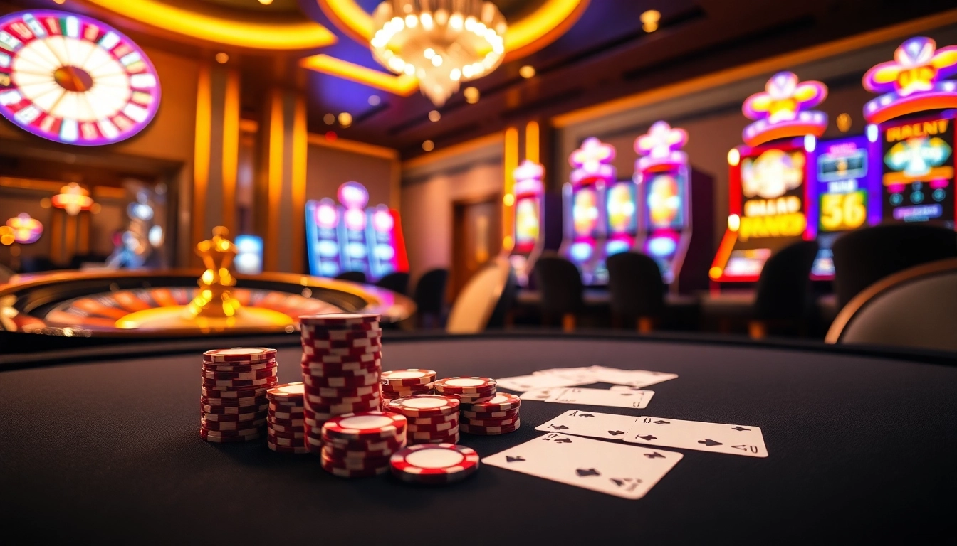 Experience high-stakes gaming at USBET with professionals at a poker table surrounded by vibrant casino elements.
