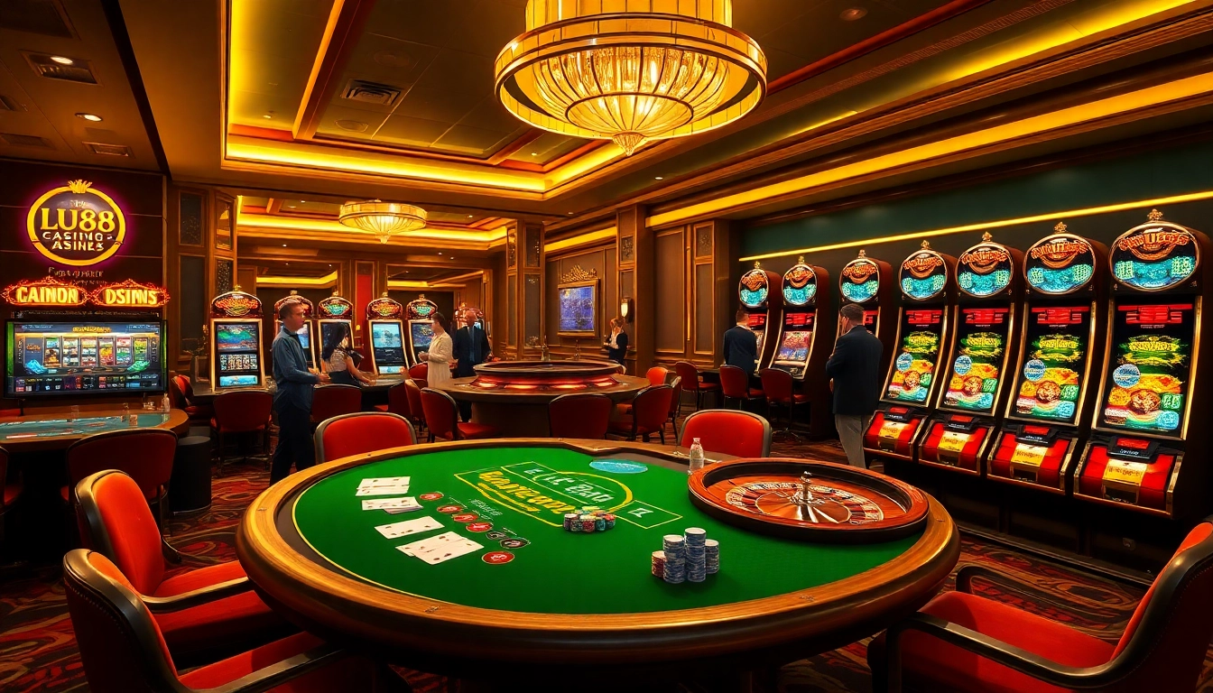 Action-packed scene at LU88 casino showcasing poker, roulette, and vibrant slot machines.
