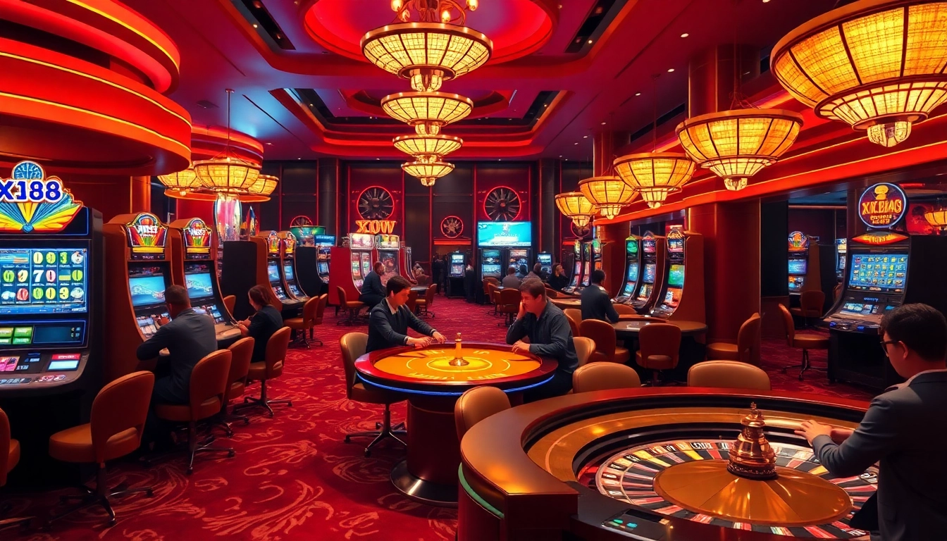 Players enjoying thrilling games at XX88 HOW casino, showcasing vibrant slot machines and poker tables.