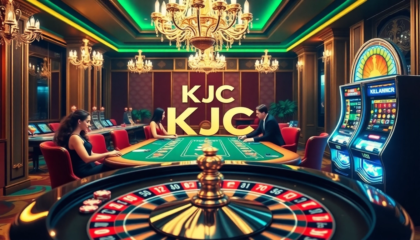 KJC casino scene with players at a poker table and a vibrant roulette wheel.