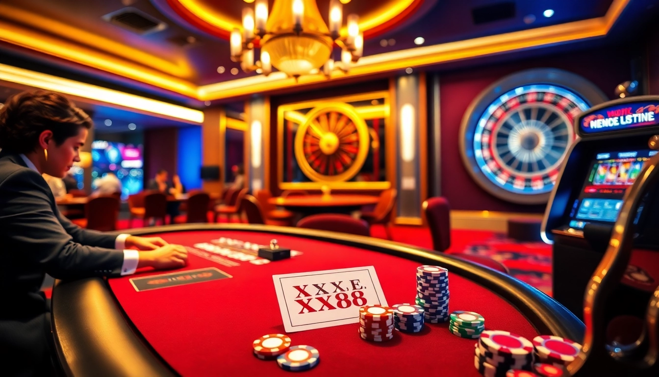 Experience the thrill of gaming at XX88 with lively poker tables and vibrant casino scenes.
