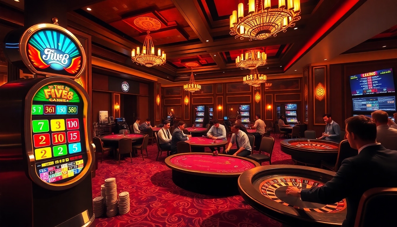 Players enjoy high-stakes poker at the luxurious five88 casino, surrounded by vibrant slot machines and roulette wheels.