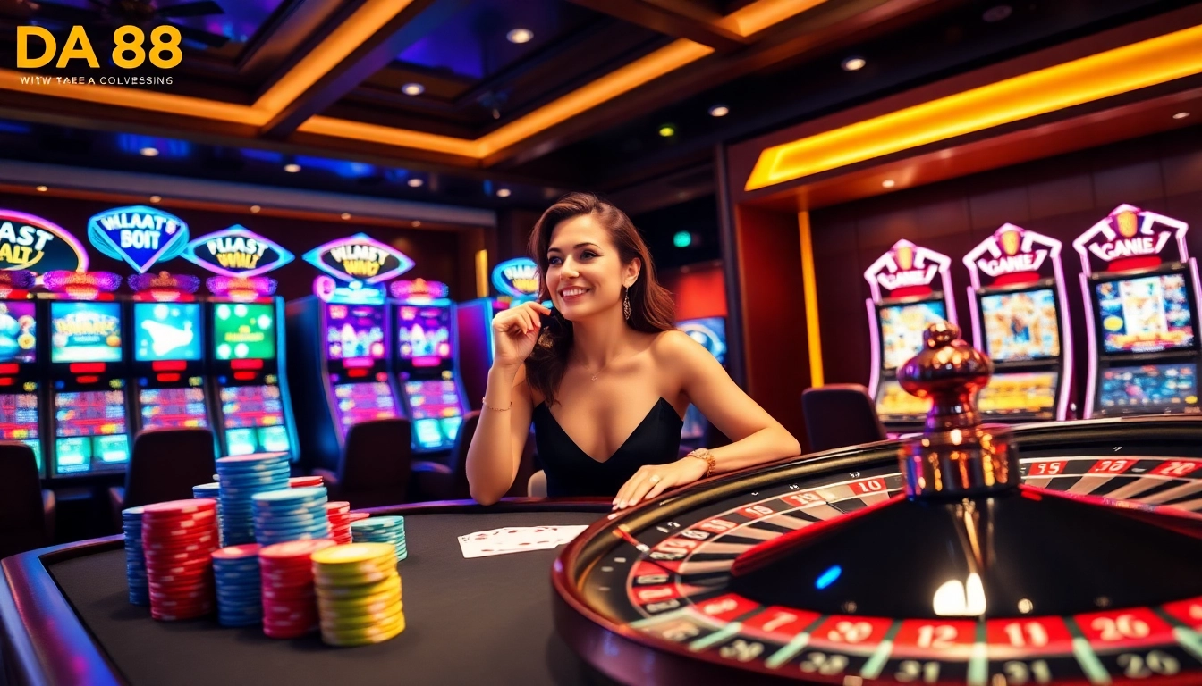 Players experiencing thrill at https://da88.co.im/ casino table with poker chips and cards.