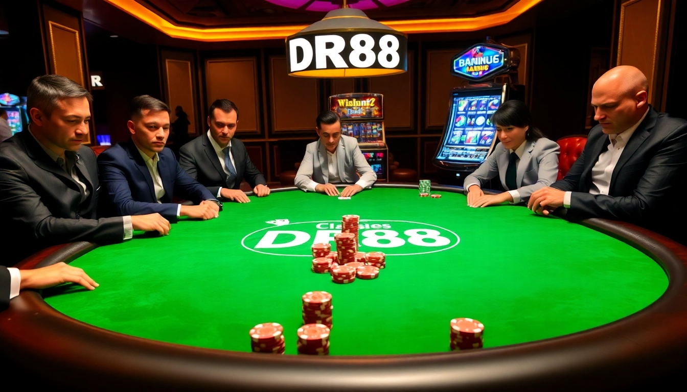 DR88 offers a glamorous casino gaming scene with professional gamblers at a poker table.