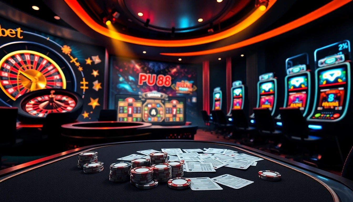 Exciting gambling action on trang chủ PU88 with vibrant slot machines and roulette.