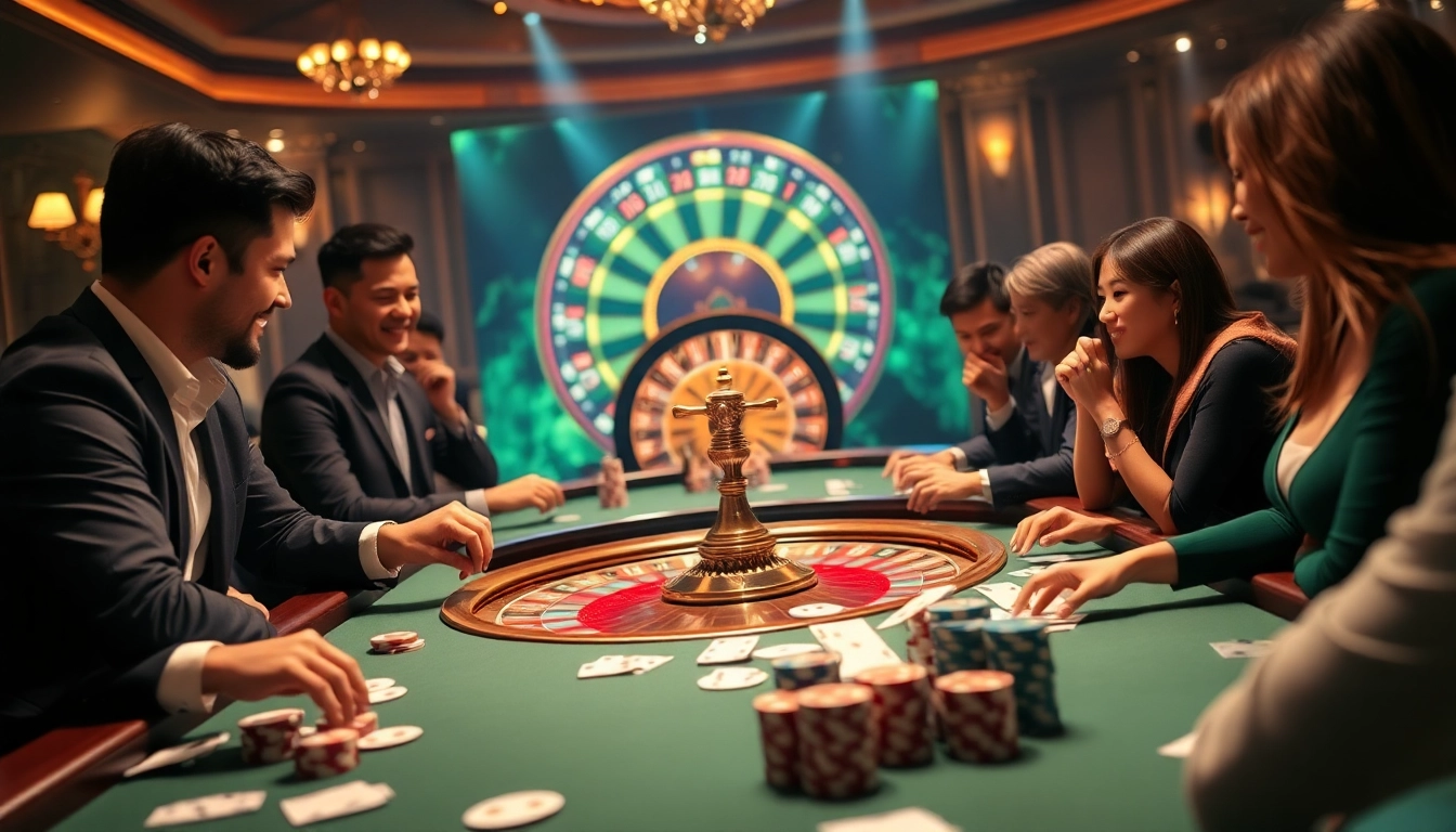 Experience the excitement of trang chủ PU88 with vibrant casino tables and lively gamblers enjoying their games.