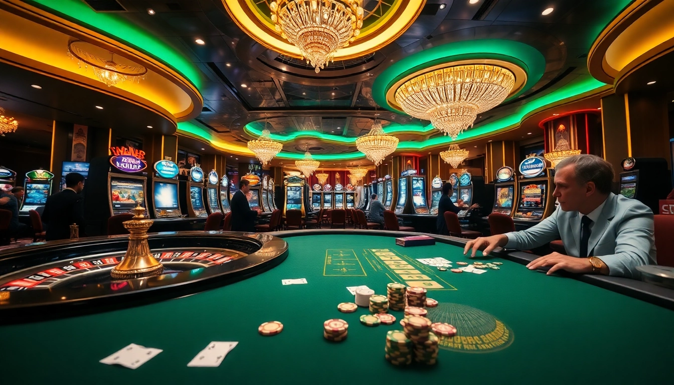 Exciting gambling scene on trang chủ W88 with players at roulette and poker tables.