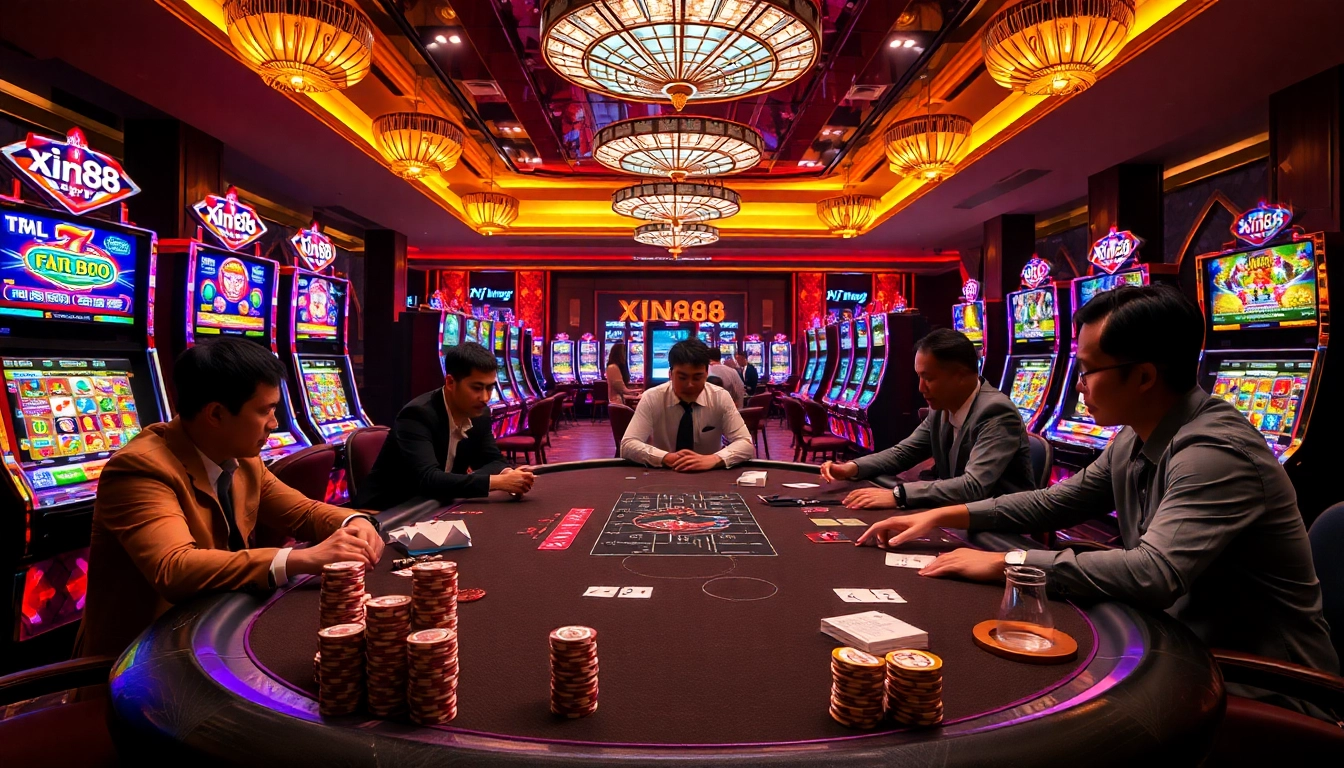 Exciting poker game at a luxury casino with xin88 khuyến mãi promotions featured prominently.