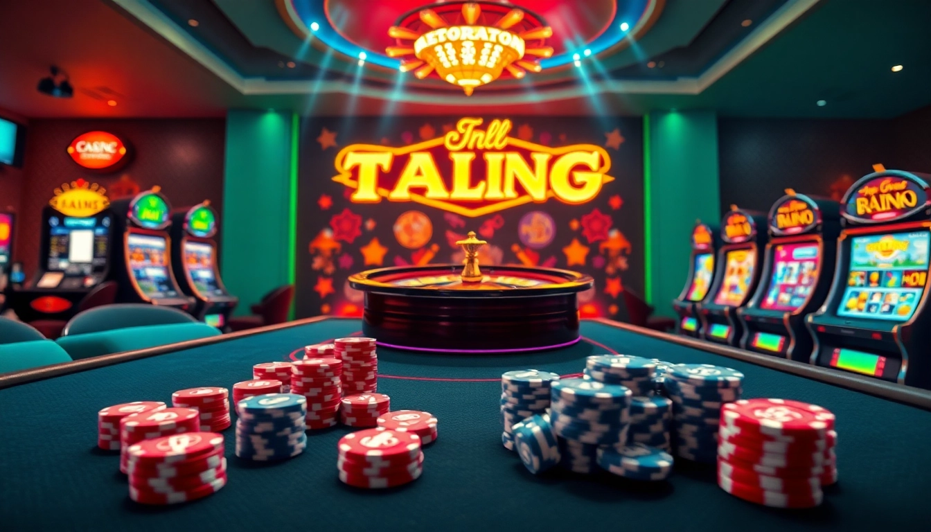 Experience the vibrant atmosphere of Trang chủ Thabet, featuring engaging gambling elements like poker chips and slot machines.
