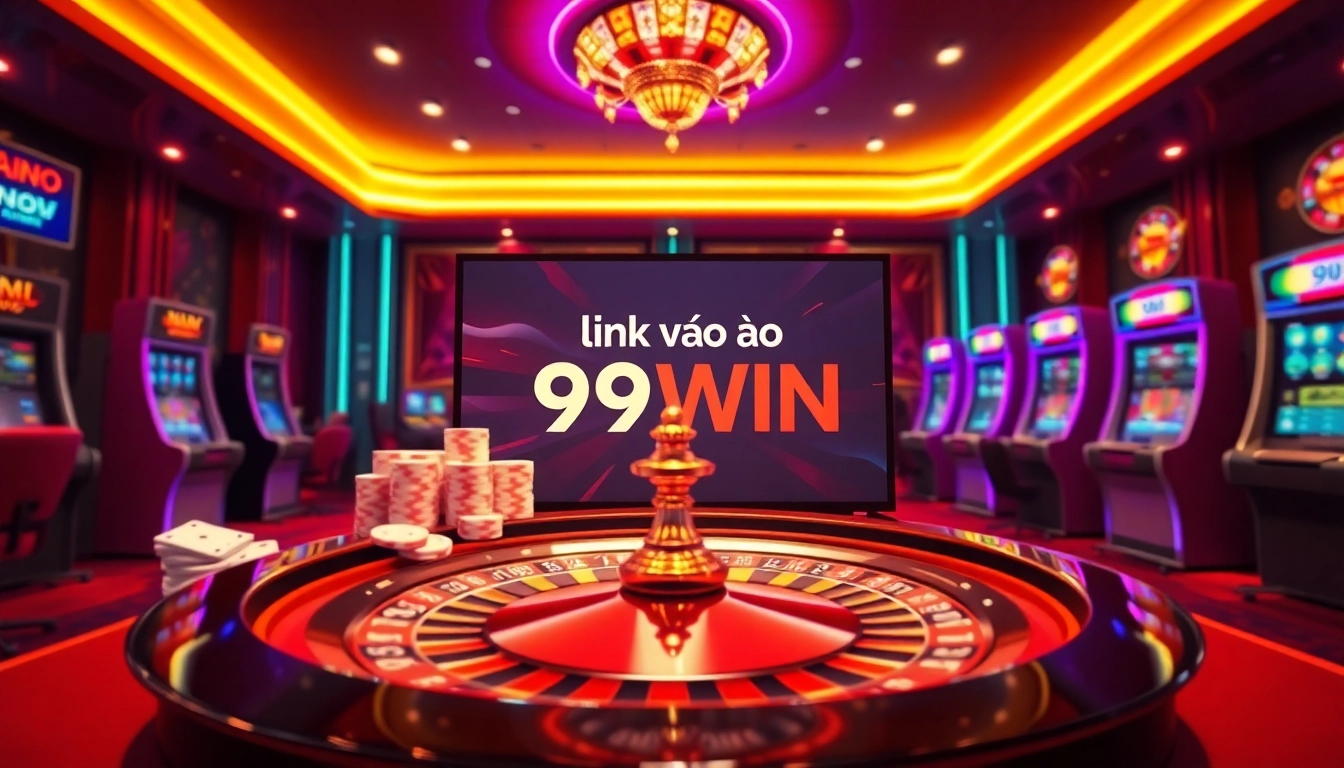 Experience the thrill of online gambling with the link vào 99WIN showcased in a vibrant casino scene.