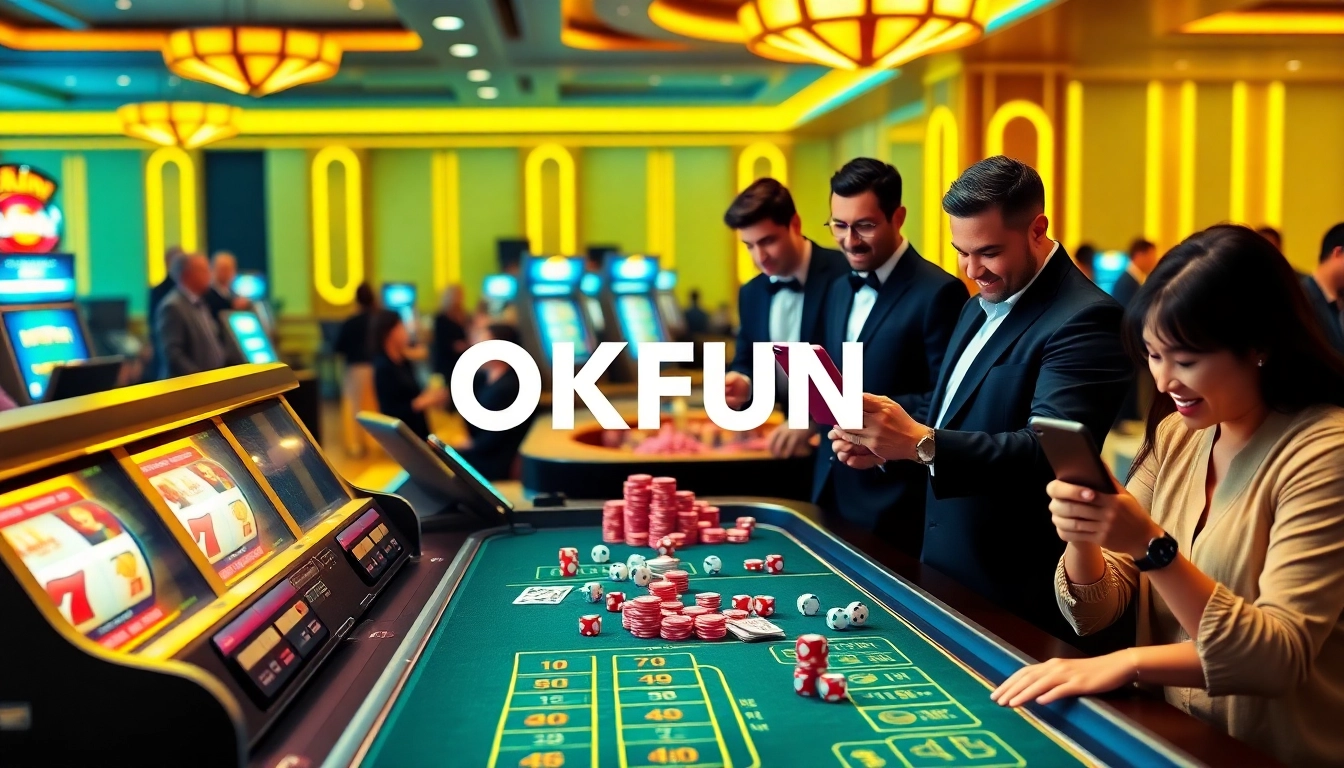 Exciting casino scene featuring betting action on OKFUN COM with vibrant gaming tables and joyful players.