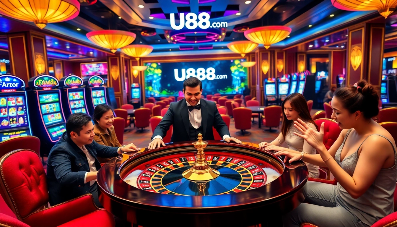 Experience thrilling casino action with U888.com players engaging around a vibrant roulette table.