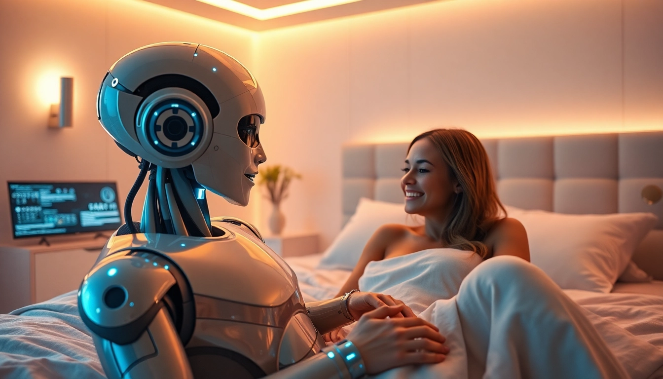AI sex robot in a cozy futuristic bedroom, showcasing intimacy and companionship