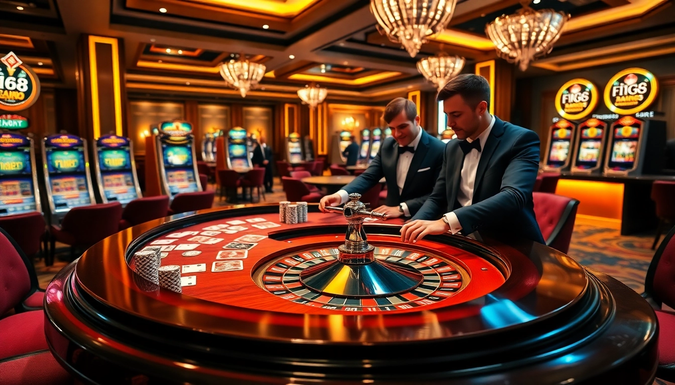 Exciting F168 casino table scene with poker chips and roulette wheel, showcasing live gambling action.