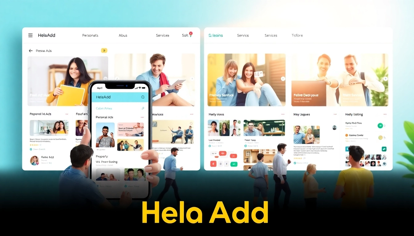 Hela Add platform showcasing diverse users engaging with online classifieds ads in a bright, friendly setting.