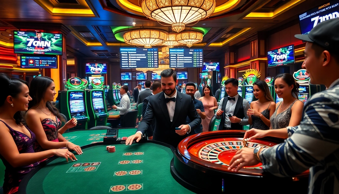 Players enjoying the exciting casino atmosphere at a roulette table while engaging with 7mcn live sports scores.