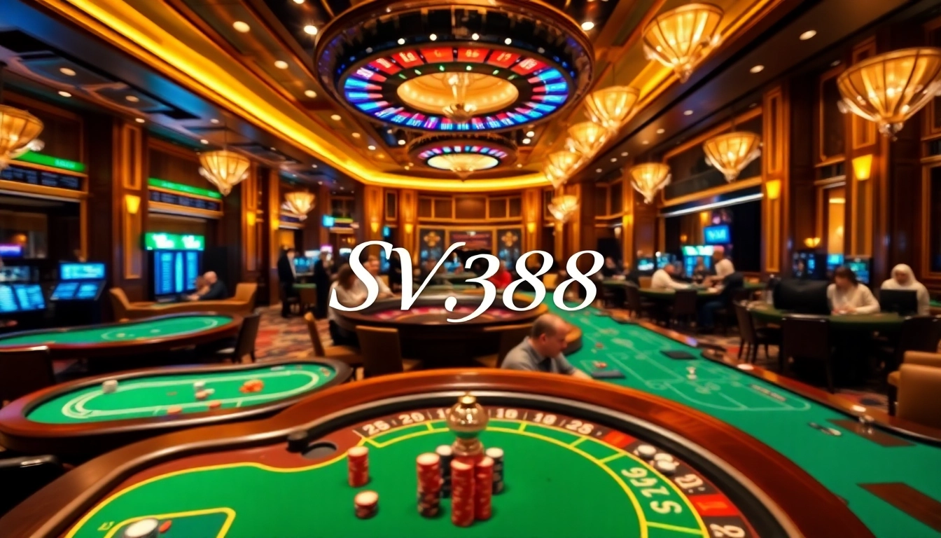 Dynamic gambling scene featuring nhà cái SV388 with poker chips and roulette wheel.