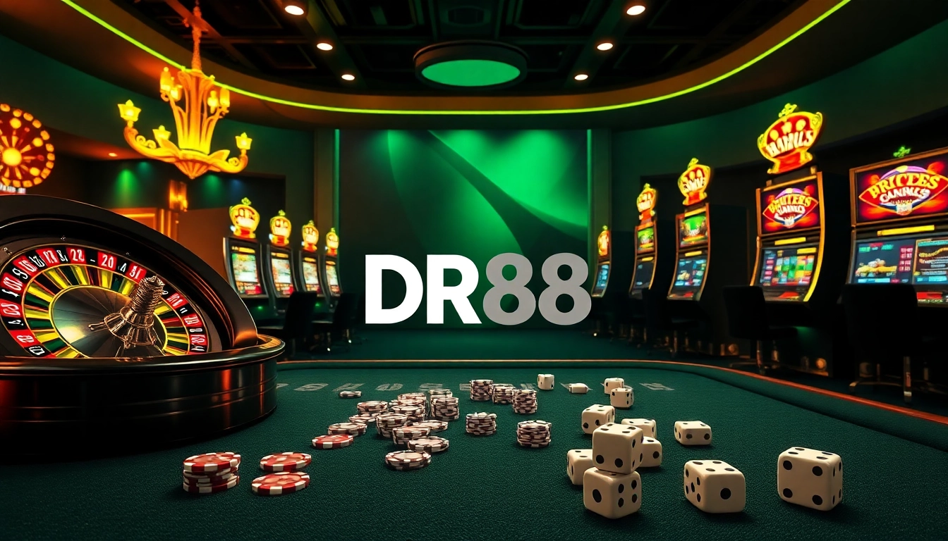 Experience the excitement of DR88 with vibrant casino visuals featuring roulette, poker, and slot machines.