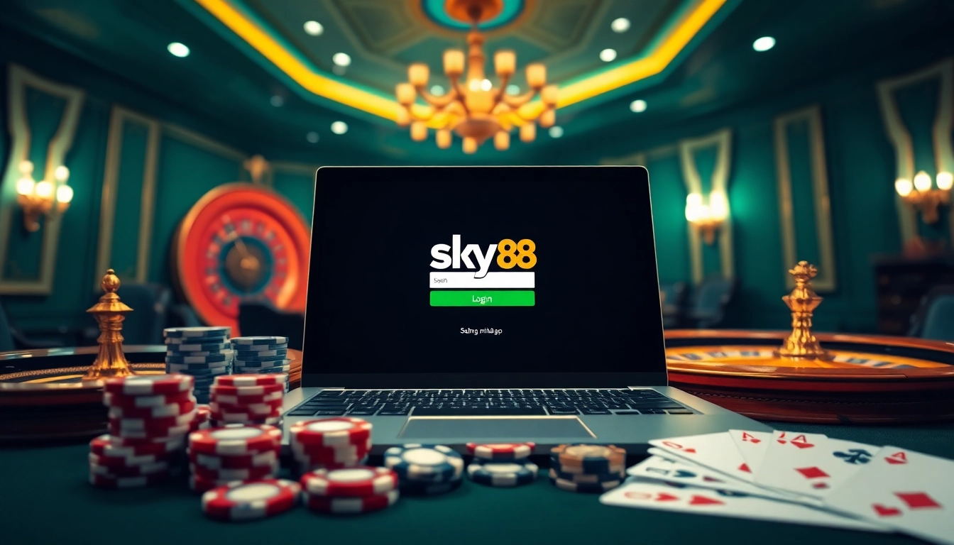 Log in to sky88 đăng nhập with vibrant casino elements like cards, chips, and a roulette wheel.
