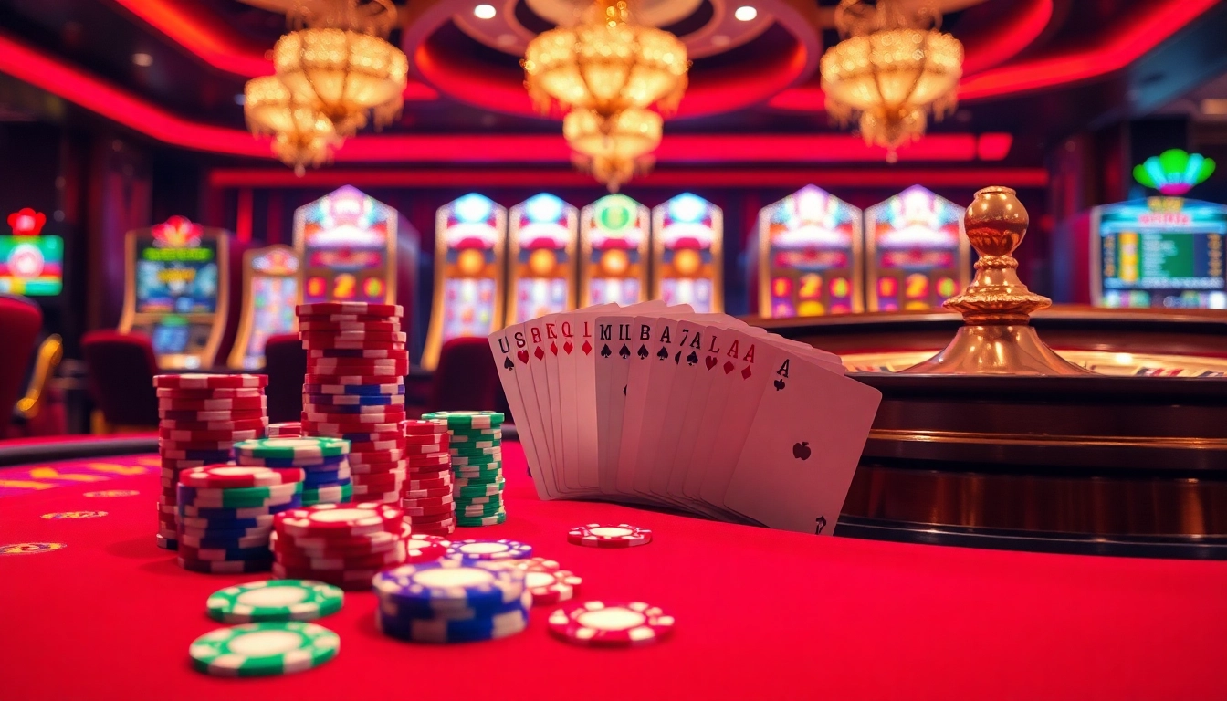 Kp88 casino vibrant scene with luxurious casino table, poker chips, and spinning roulette wheel