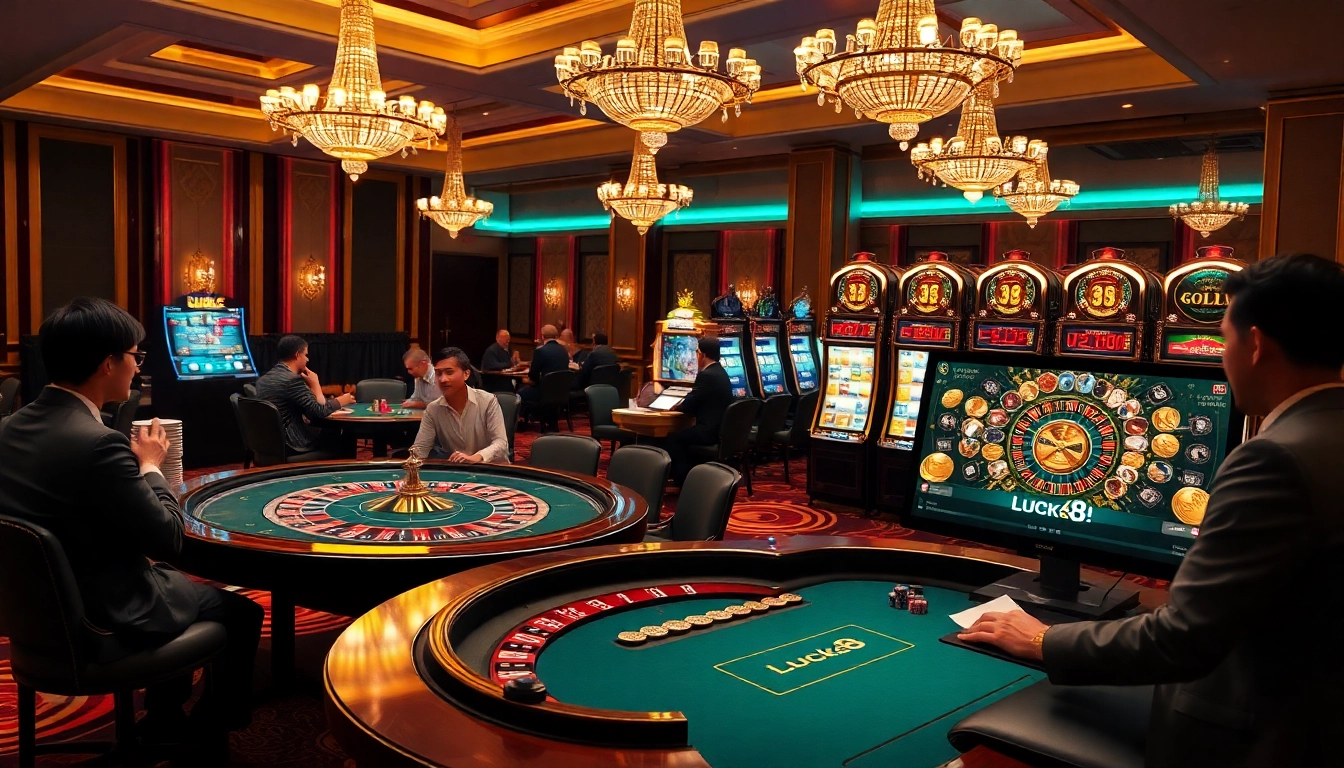 Engaging scene of players at a luxurious casino table, emphasizing đăng nhập luck8 for online gaming excitement.