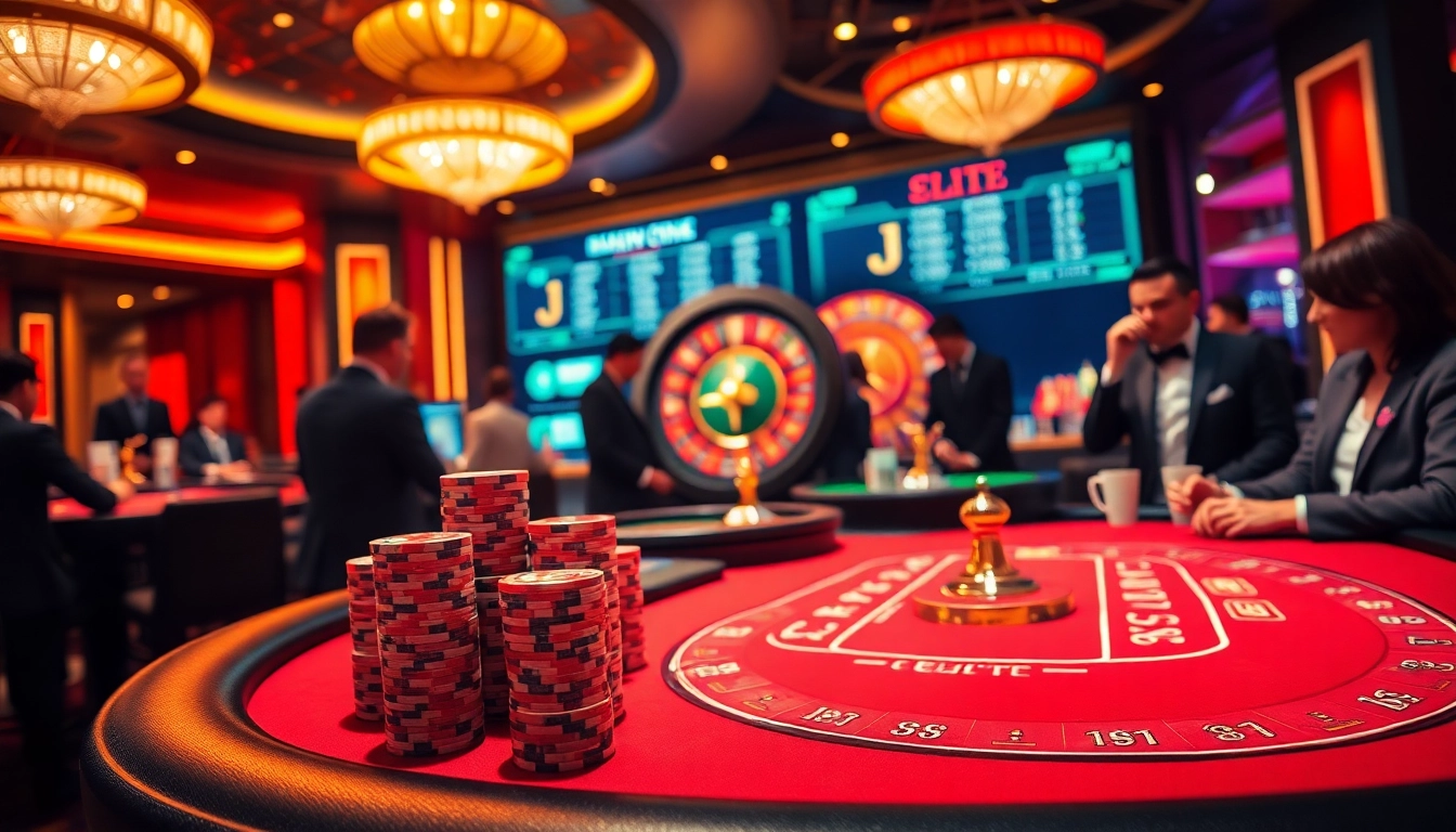 Players strategizing at a J8 branded poker table in an elegant casino setting.