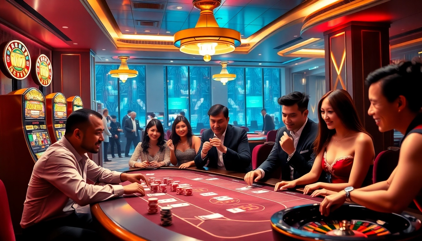 Engaging gambling scene at nhà cái OKFUN featuring casino tables, vibrant players, and illuminated slot machines.