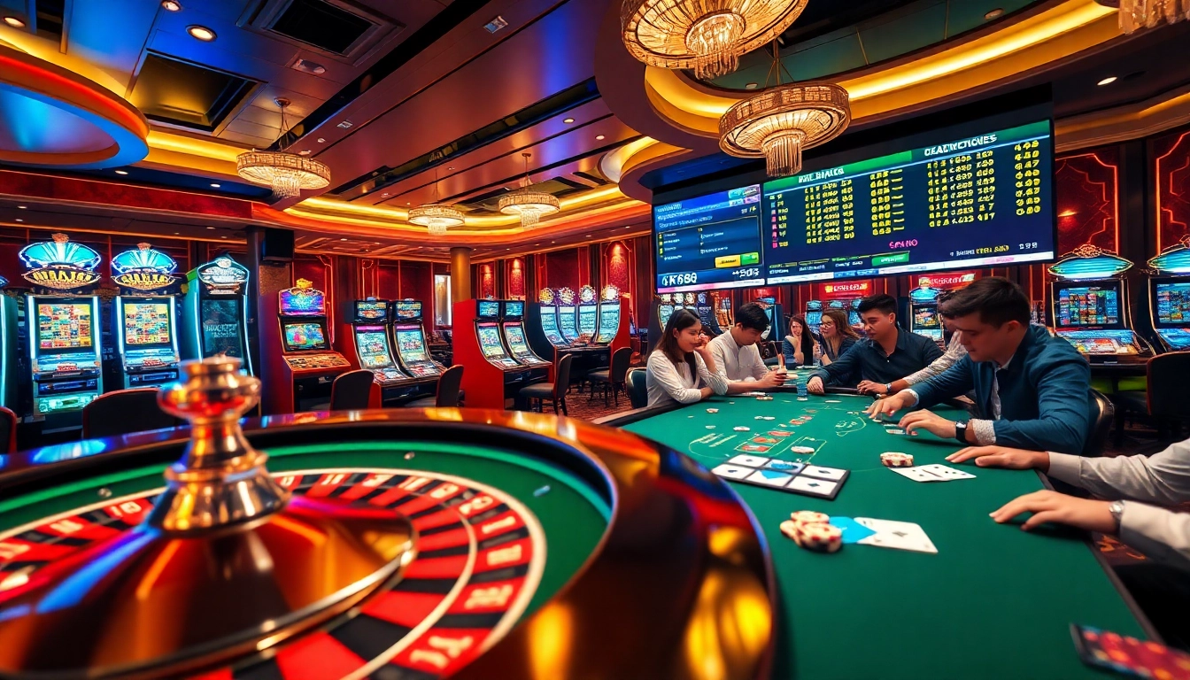 Players enjoying a luxurious casino experience at Nhà cái KP88 with roulette and poker games.