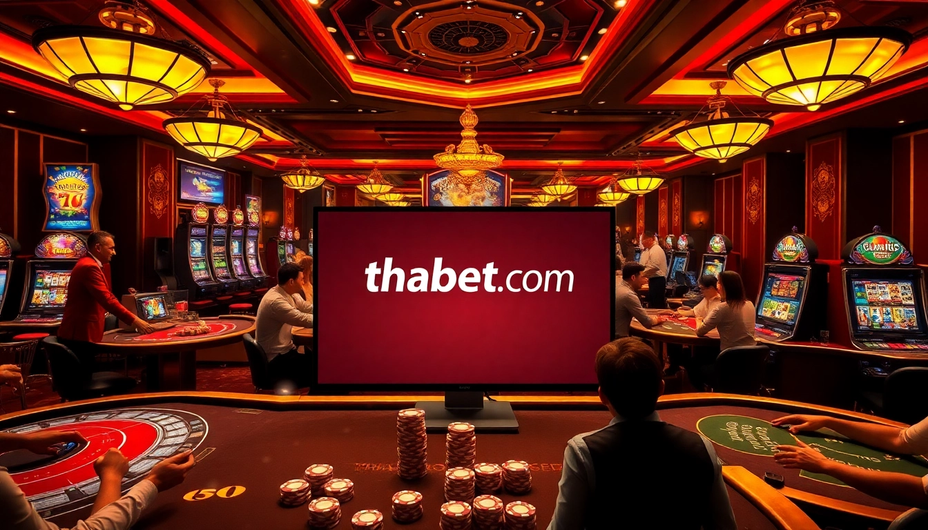 Engaging gambling scene showcasing thabet.com with casino tables and lively players.