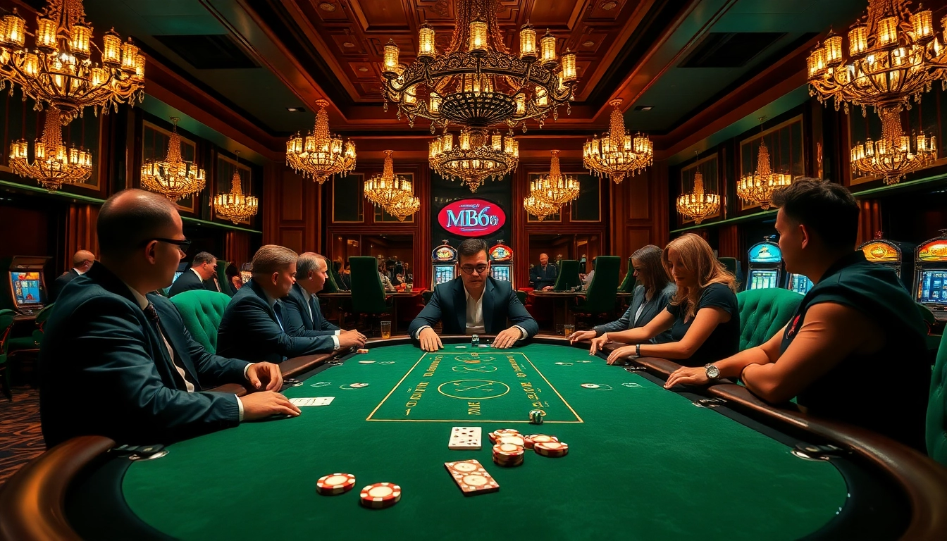 Experience the excitement of MB66 poker with players engaged around a luxurious casino table.