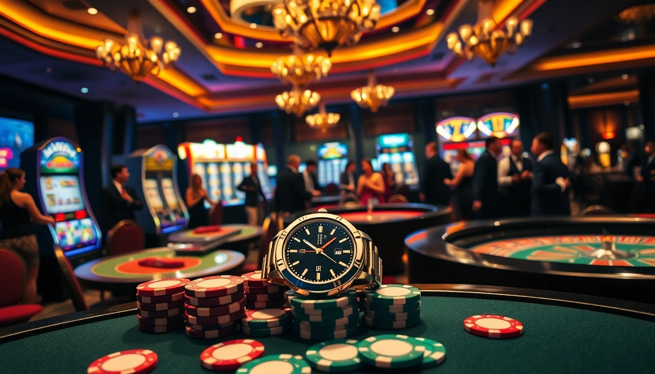 Experience the excitement of casino gaming with LC88 watch amidst vibrant tables and machines.