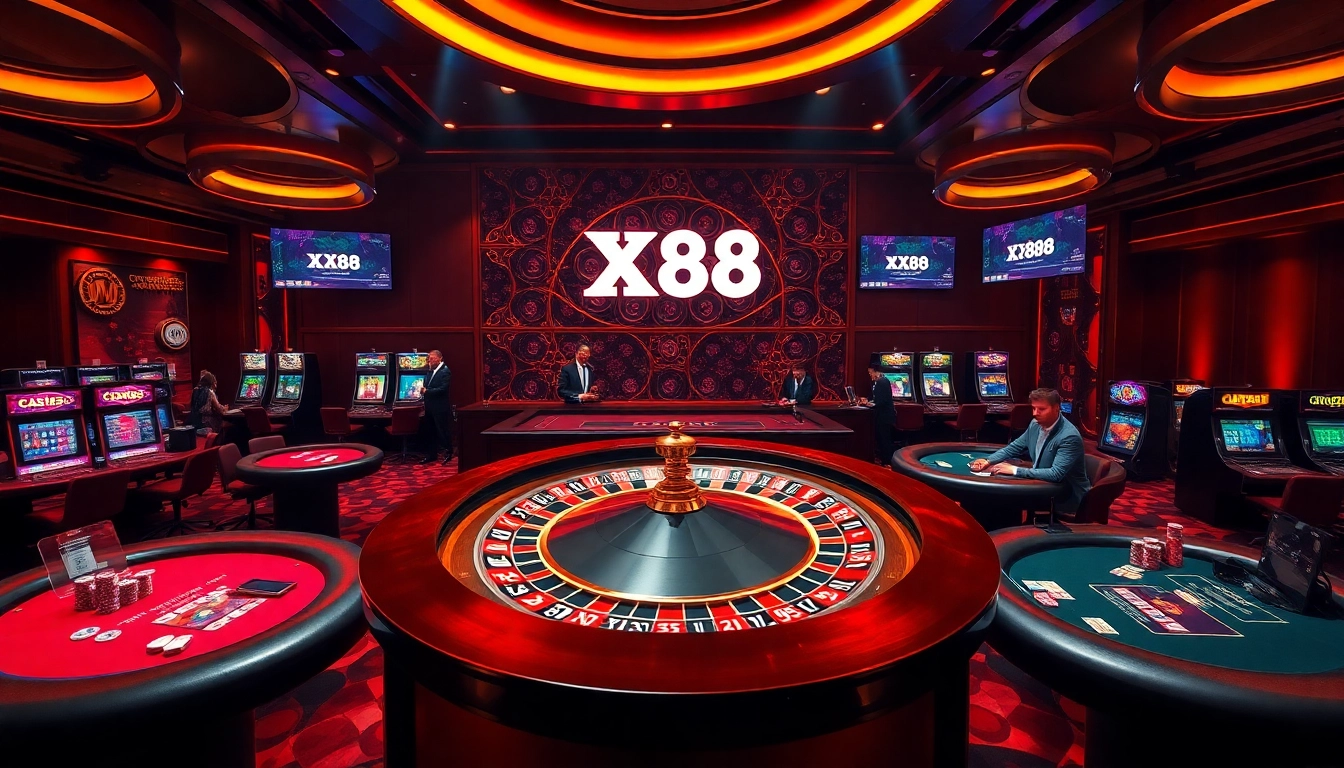 Engaging players in an exhilarating casino environment featuring XX88 roulette wheels and poker tables.