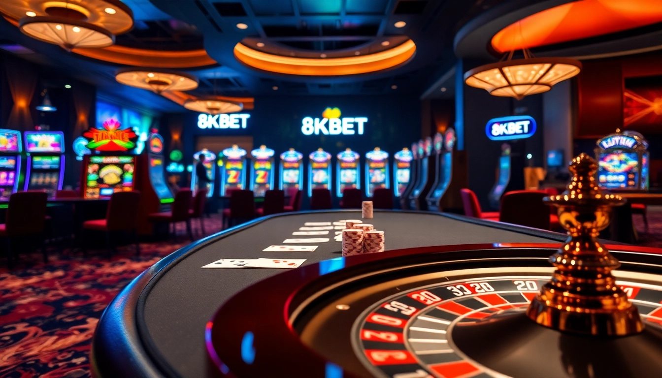 Experience thrilling gameplay at 8KBET's luxurious casino, complete with vibrant slot machines and elegant poker tables.