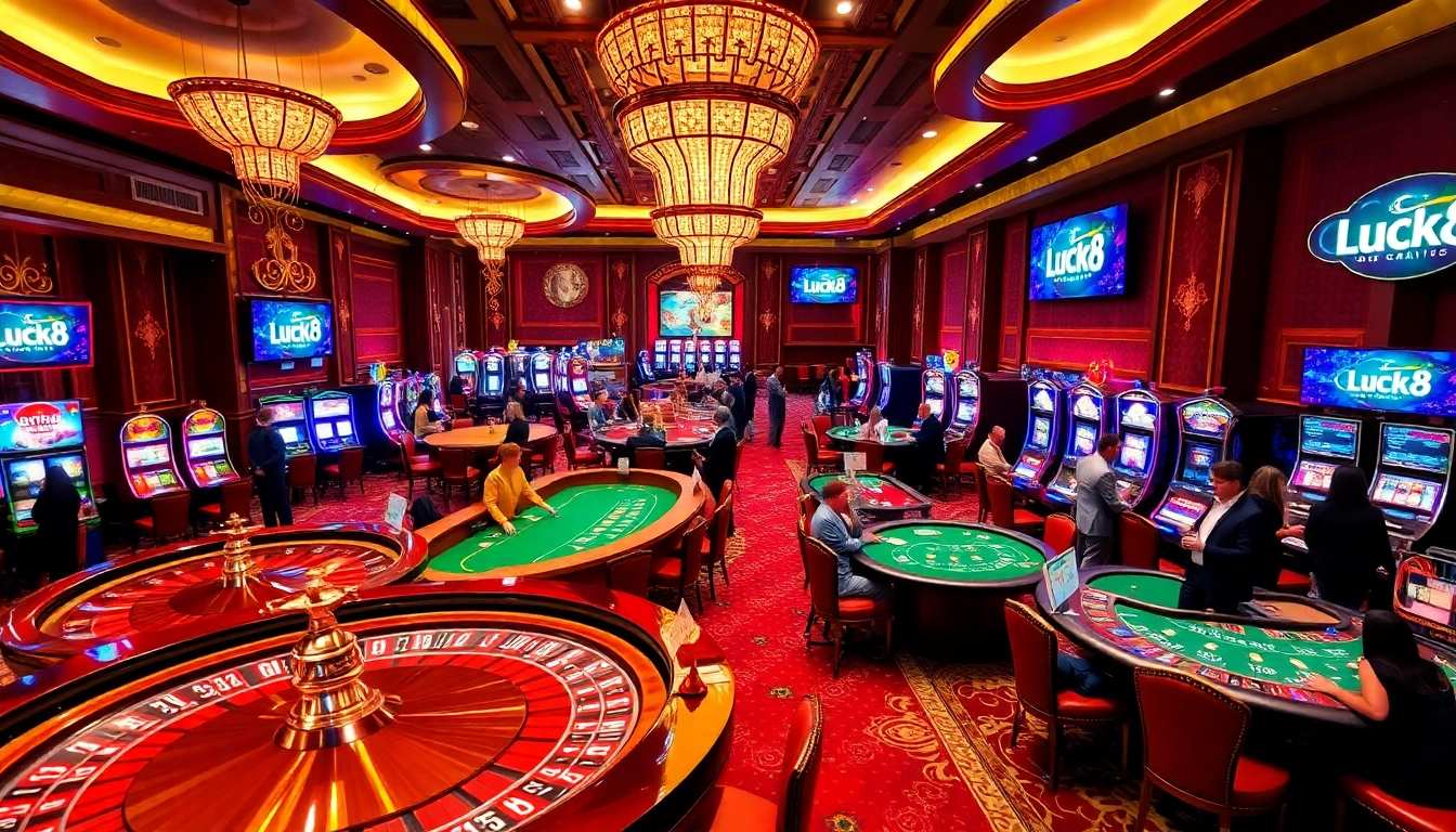 Exciting casino atmosphere at Luck8 with players enjoying games at vibrant tables.