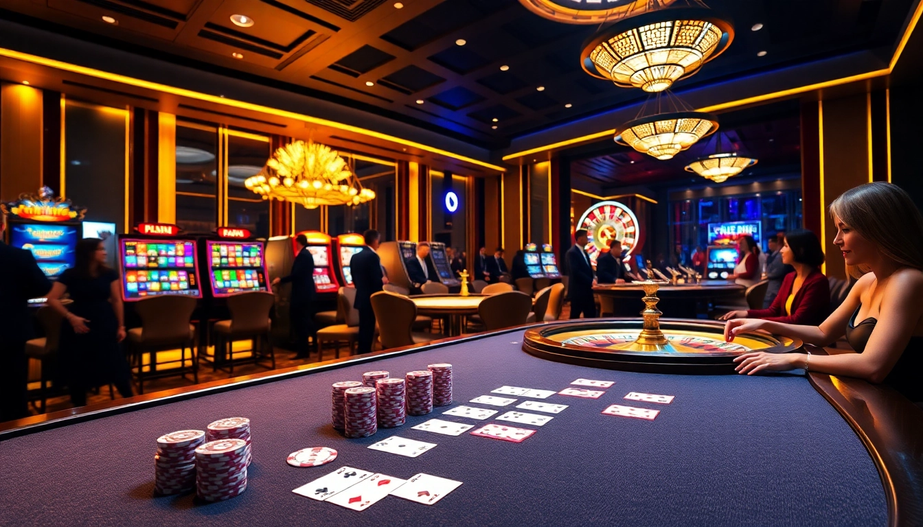 Engaging scene of players at Nhà cái NK88 online casino, featuring poker, slots, and excitement.