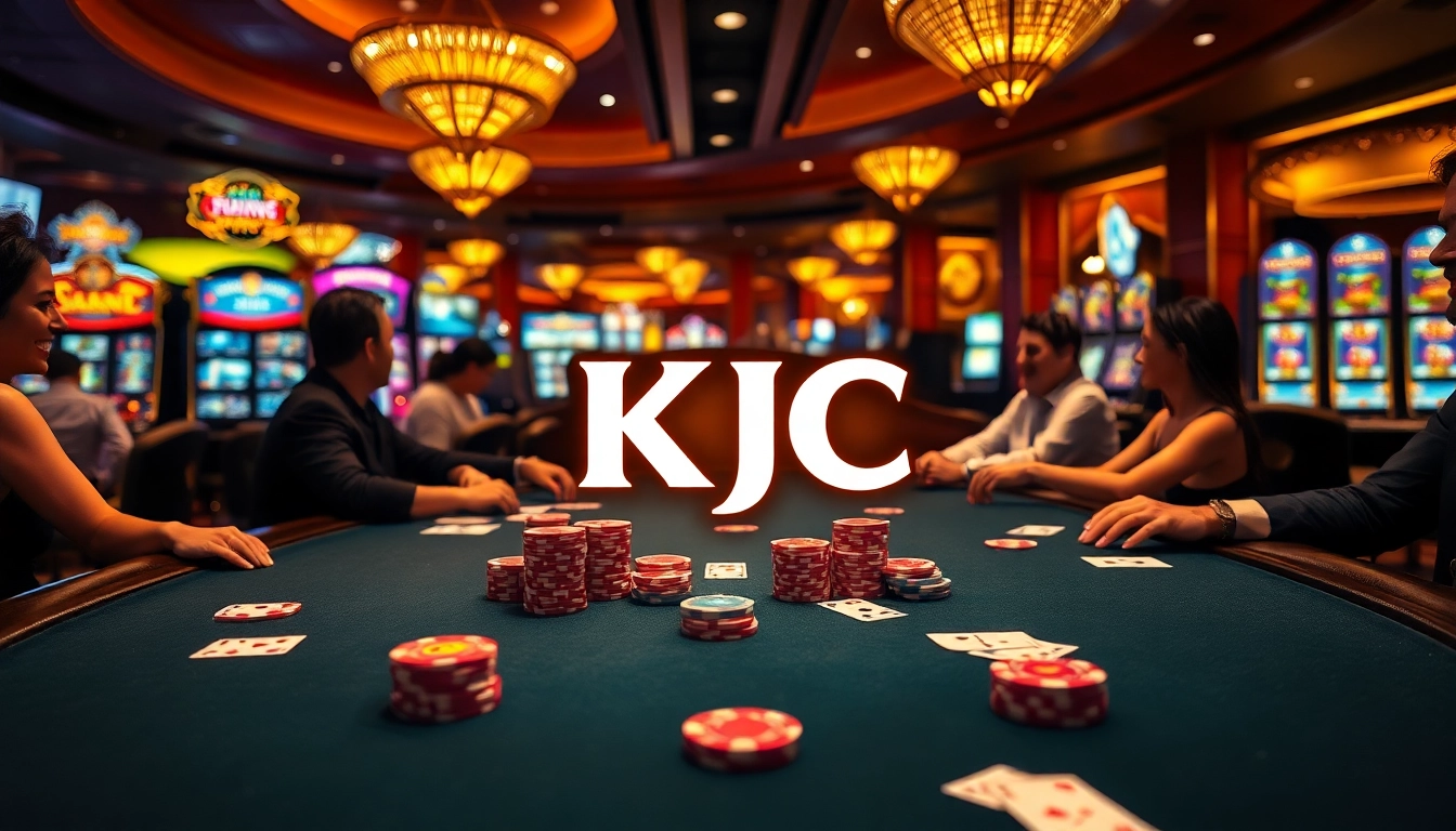 KJC poker table showcasing vibrant chips and engaged players in a luxurious casino setting.