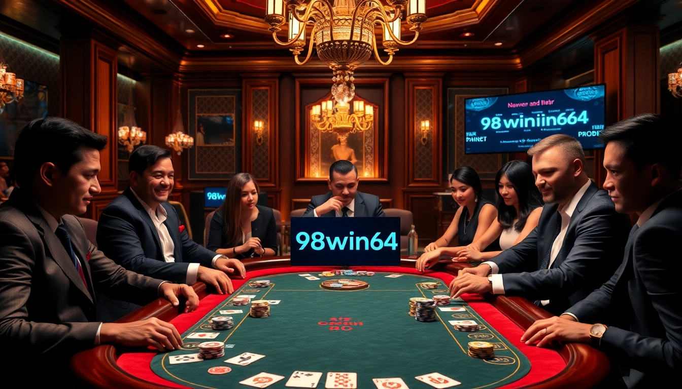 Players strategizing at a 98win64-themed poker table in a luxurious casino.