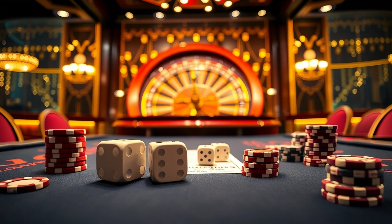 Thrilling scene of Tài Xỉu MD5 game at a luxurious casino with dice, chips, and a roulette wheel.