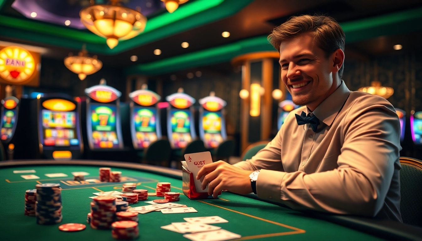 This casino scene at https://taixiumd5.video/ features a player placing bets on an elegant gambling table filled with poker chips and cards.