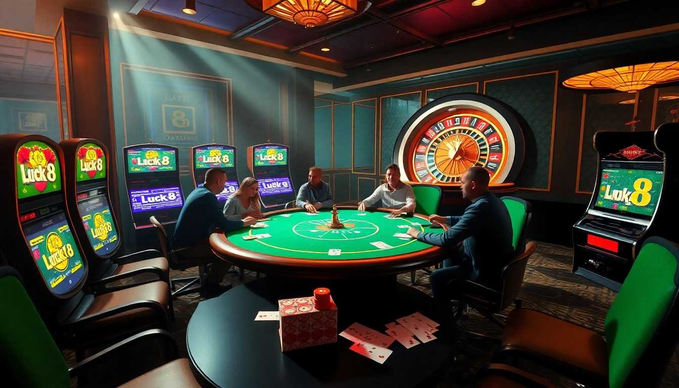 Luck8 casino scene showcasing players engaged in poker with vibrant slot machines and roulette wheel.