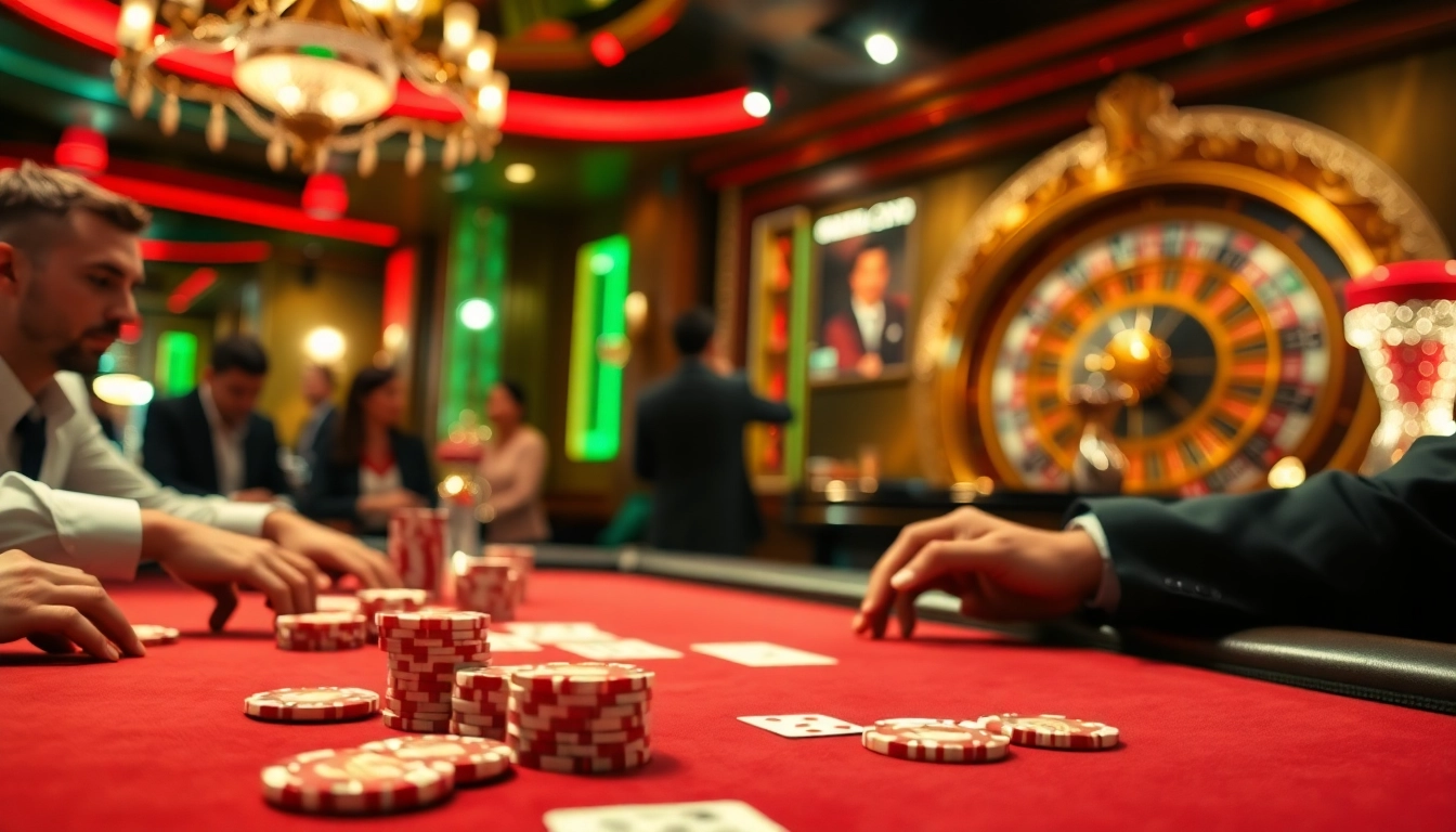 Players engaging in a high-stakes poker game at 88i casino with vibrant atmosphere.