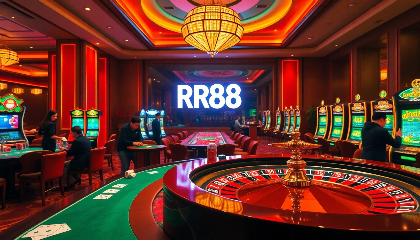 Experience the thrill of gambling at RR88's luxurious casino, featuring vibrant tables and slot machines.