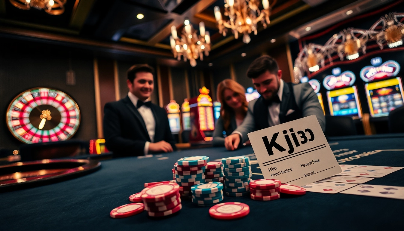 KJC poker chips tumble on a vibrant casino table, surrounded by high-stakes gaming action.